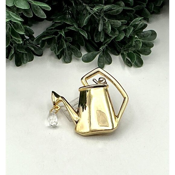 Watering Can Gold-Tone Brooch With Crystal Drop Accent For Garden Enthusiasts - Picture 2 of 4